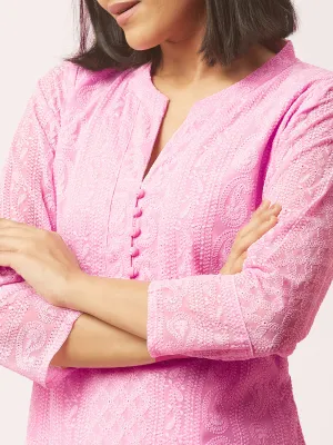 Baby Pink Chikankari Kurti - Paisley Embroidered Georgette Lucknowi Chikankari Kurta For Women - ZOLA