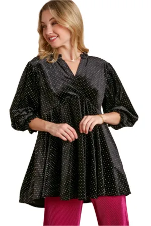 Beaded Frill Flounce Sleeve Black Velvet Babydoll Blouse