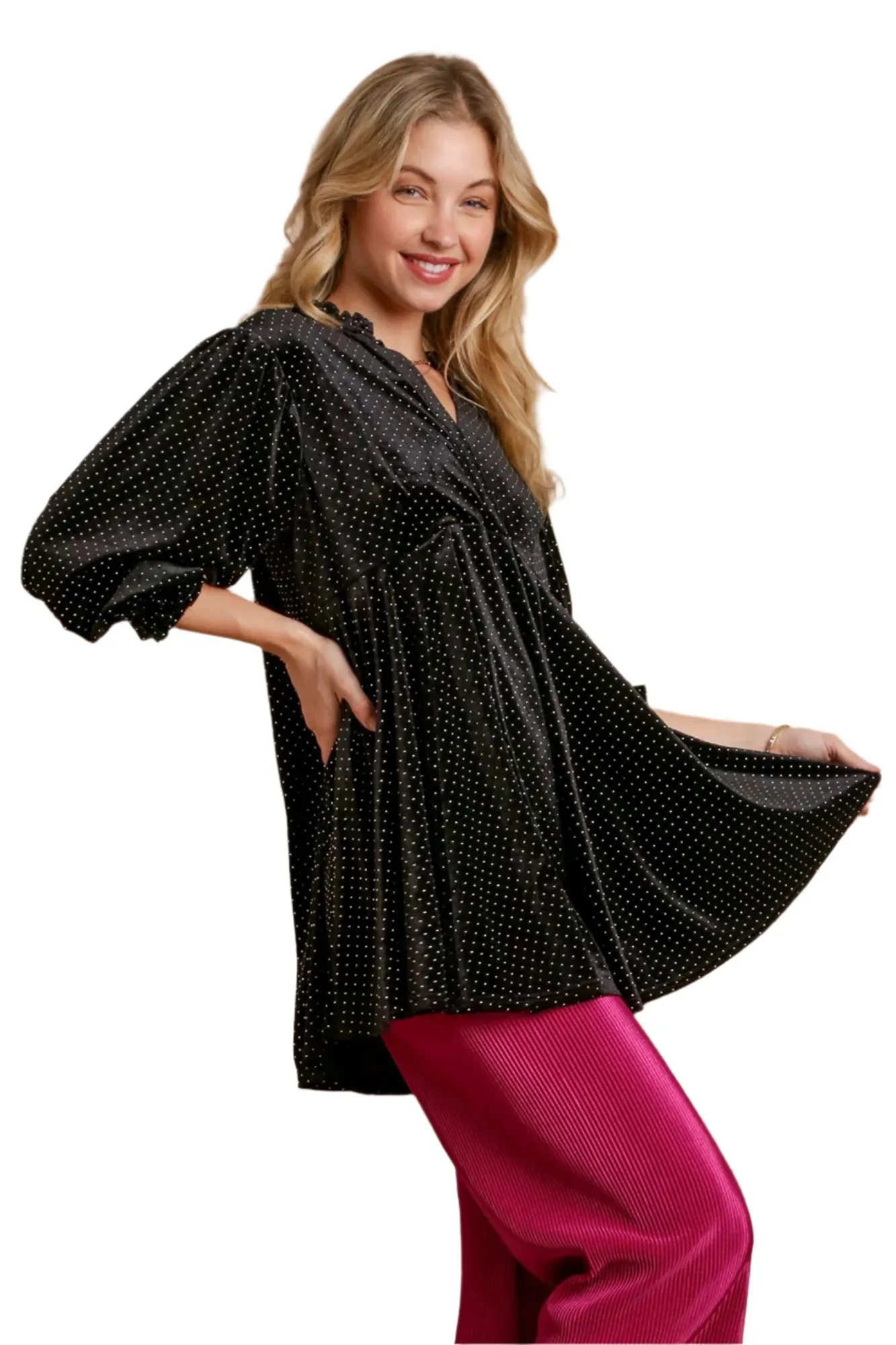 Beaded Frill Flounce Sleeve Black Velvet Babydoll Blouse