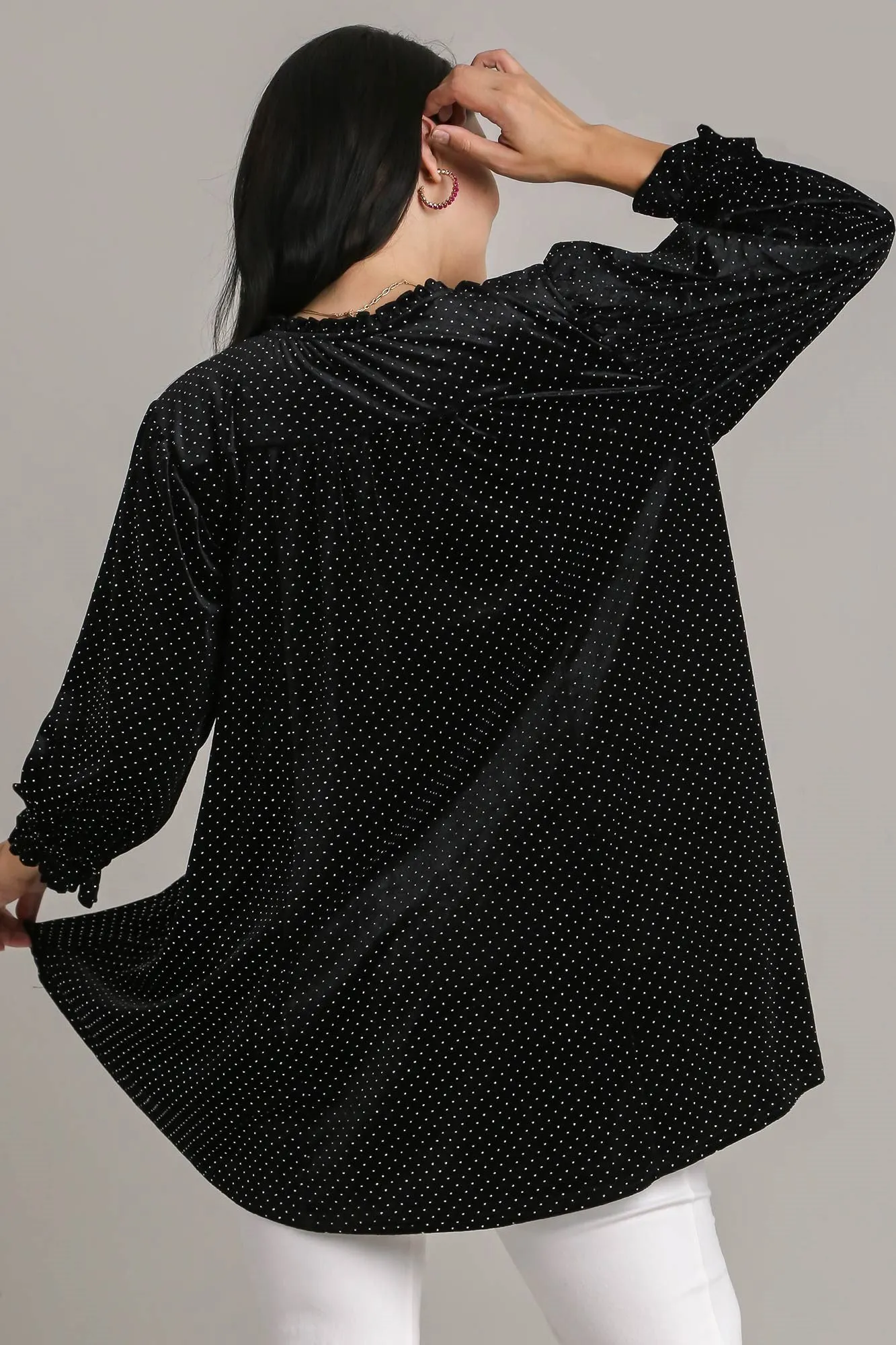 Beaded Frill Flounce Sleeve Black Velvet Babydoll Blouse