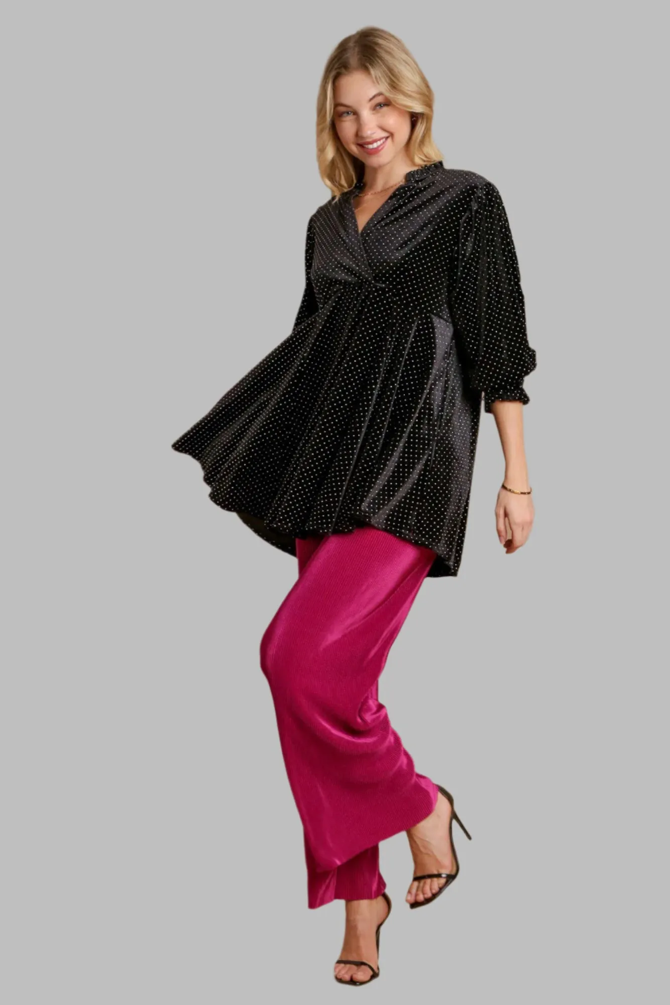 Beaded Frill Flounce Sleeve Black Velvet Babydoll Blouse