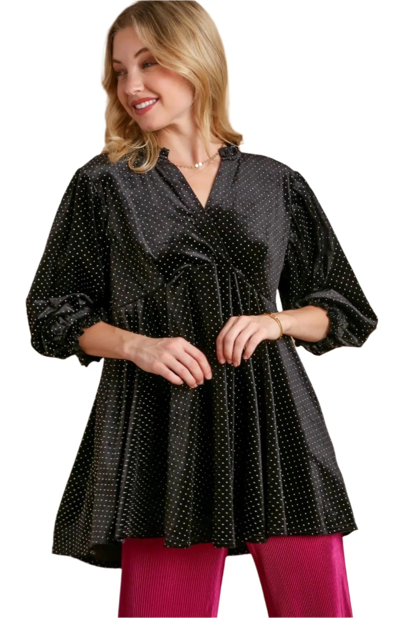 Beaded Frill Flounce Sleeve Black Velvet Babydoll Blouse