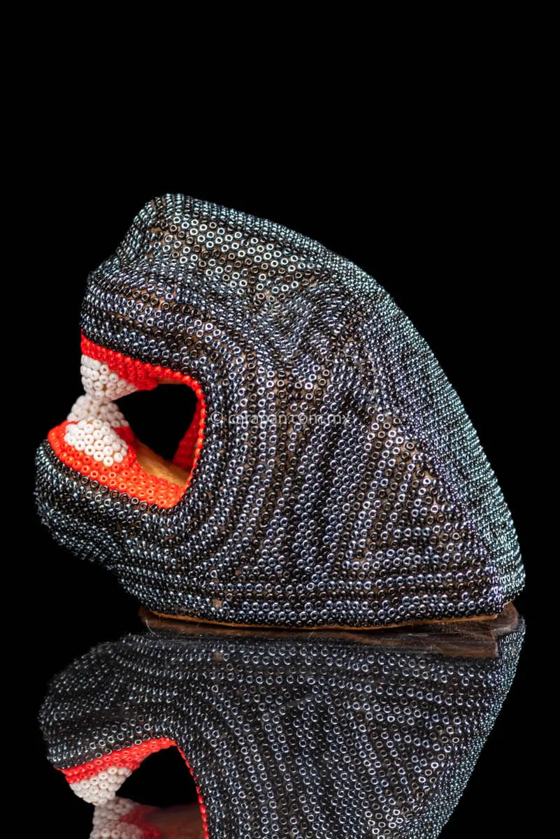 Beaded Jaguar Head Huichol Indigenous Art Silver & Black