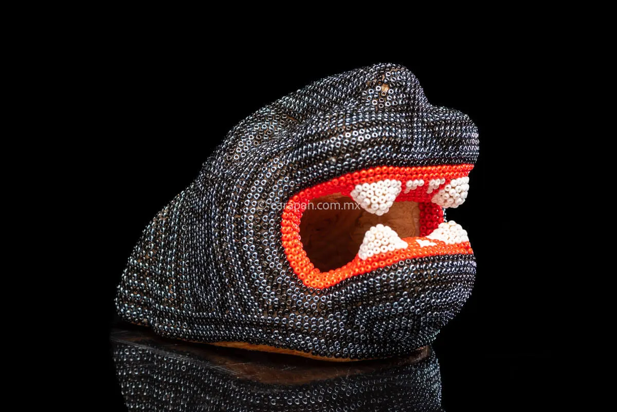 Beaded Jaguar Head Huichol Indigenous Art Silver & Black