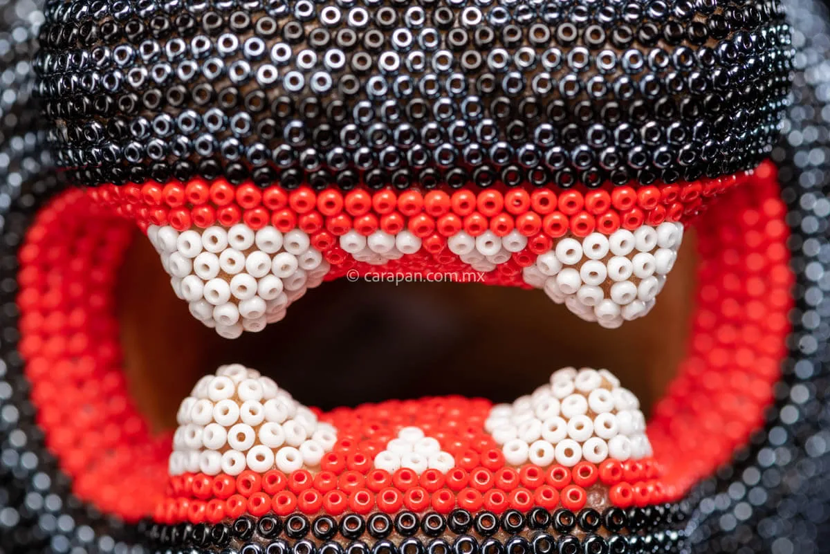 Beaded Jaguar Head Huichol Indigenous Art Silver & Black