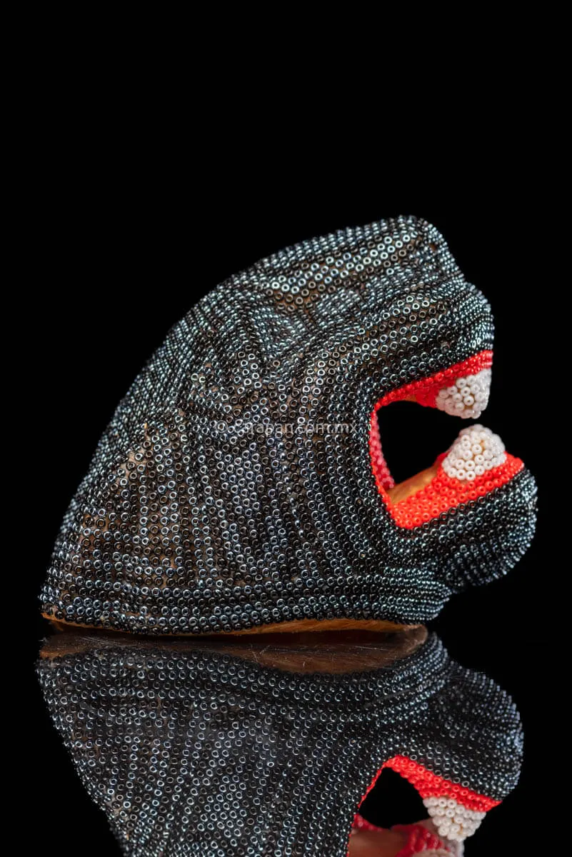 Beaded Jaguar Head Huichol Indigenous Art Silver & Black