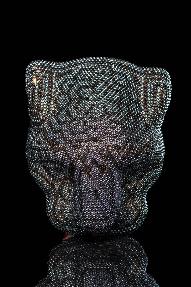 Beaded Jaguar Head Huichol Indigenous Art Silver & Black