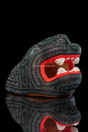 Beaded Jaguar Head Huichol Indigenous Art Silver & Black