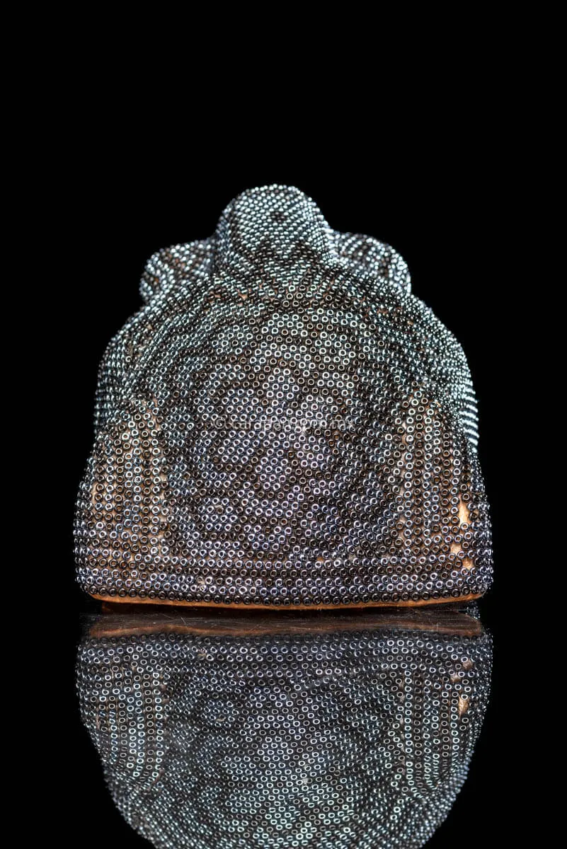 Beaded Jaguar Head Huichol Indigenous Art Silver & Black