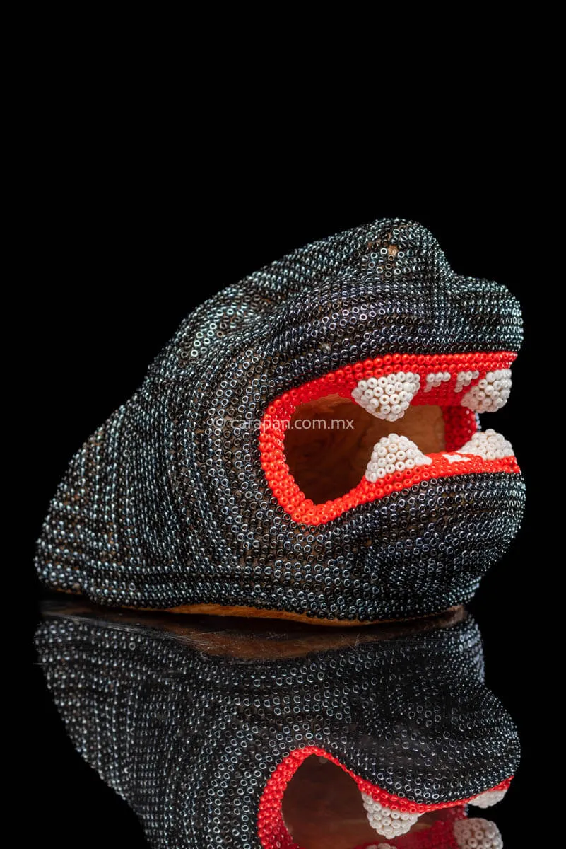 Beaded Jaguar Head Huichol Indigenous Art Silver & Black
