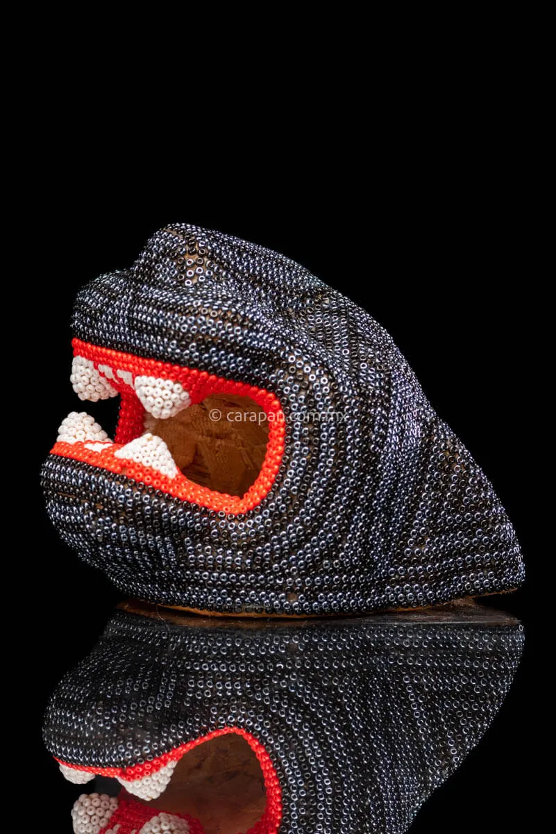 Beaded Jaguar Head Huichol Indigenous Art Silver & Black