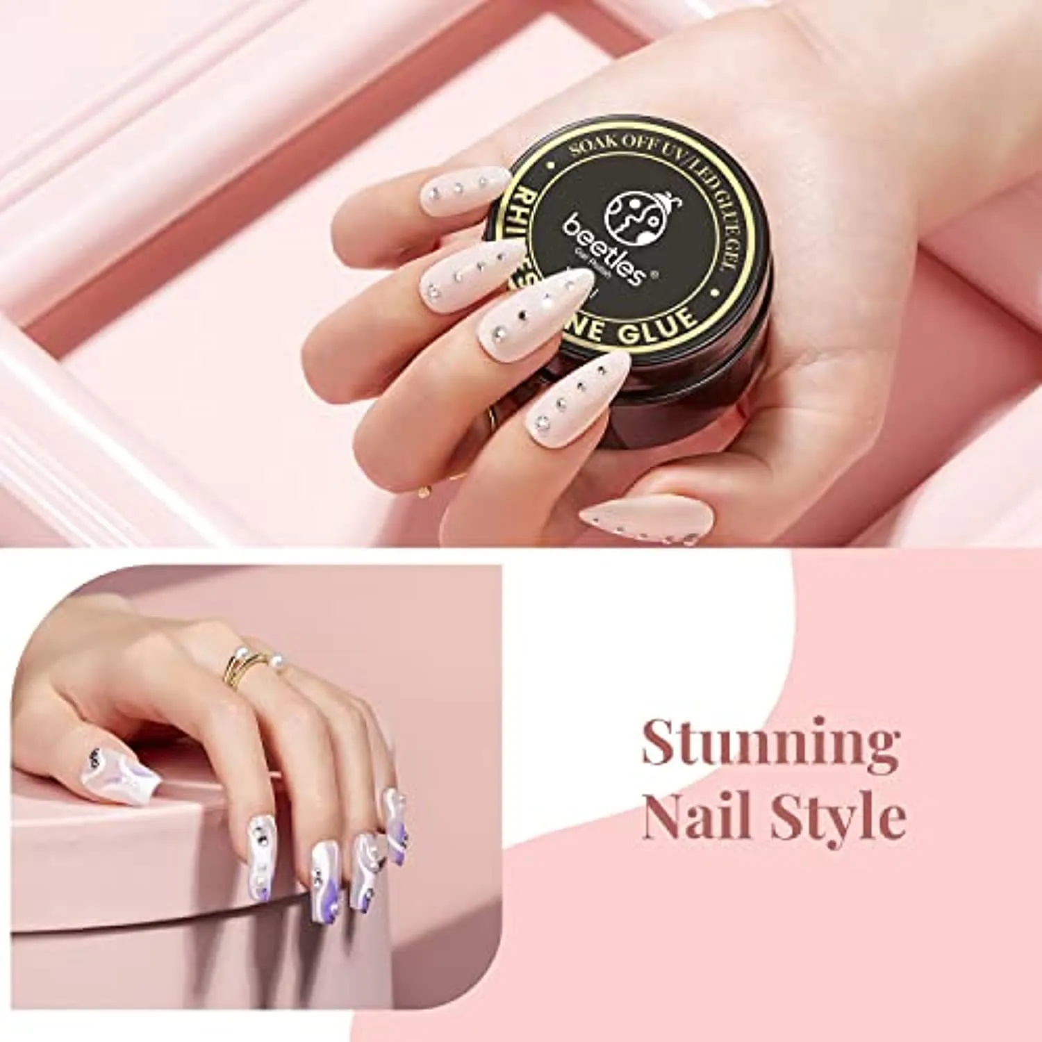 Beetles 15ml Nail Art Rhinestone Glue Gel Clear No Wipe Adhesive Resin Gems Diamonds Jewelry Gel Nail Polish Decoration with 2 Dual-Purpose Brush Pen