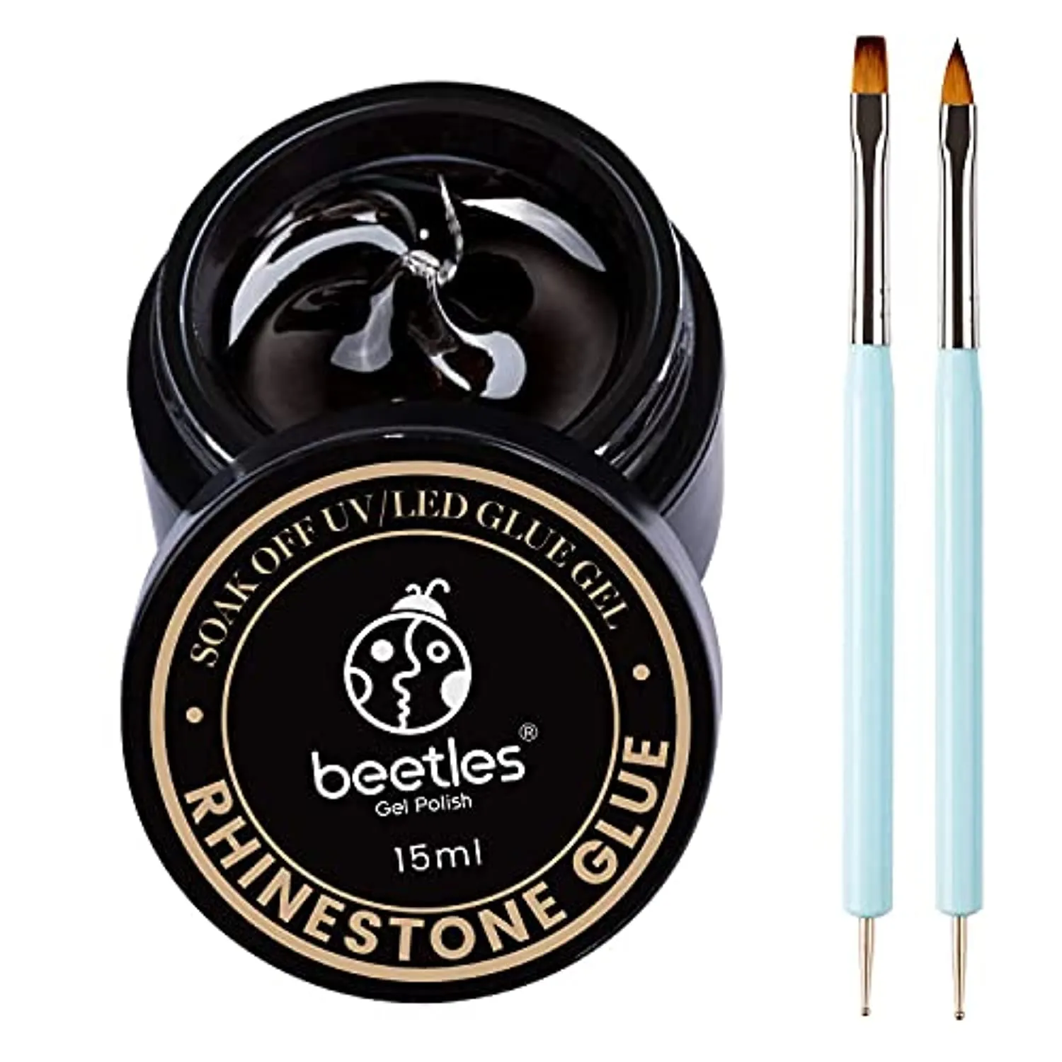 Beetles 15ml Nail Art Rhinestone Glue Gel Clear No Wipe Adhesive Resin Gems Diamonds Jewelry Gel Nail Polish Decoration with 2 Dual-Purpose Brush Pen