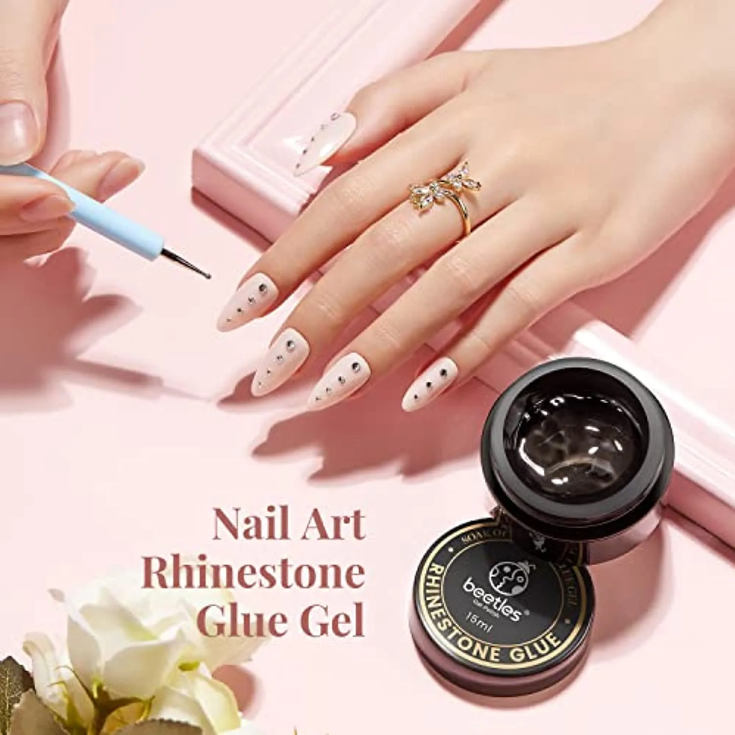 Beetles 15ml Nail Art Rhinestone Glue Gel Clear No Wipe Adhesive Resin Gems Diamonds Jewelry Gel Nail Polish Decoration with 2 Dual-Purpose Brush Pen
