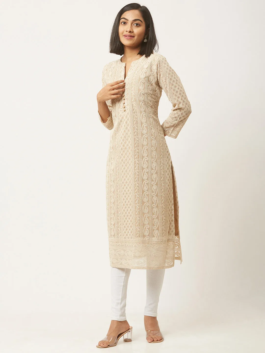 Beige Paisley Embroidered Georgette Lucknowi Chikankari Kurta For Women - ZOLA
