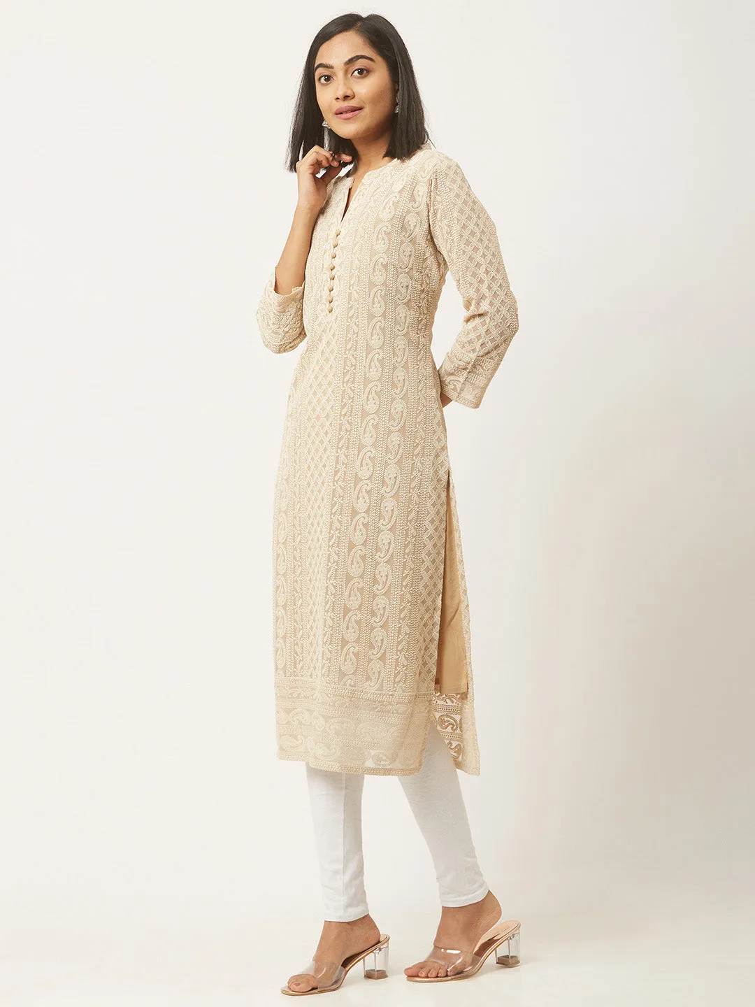 Beige Paisley Embroidered Georgette Lucknowi Chikankari Kurta For Women - ZOLA