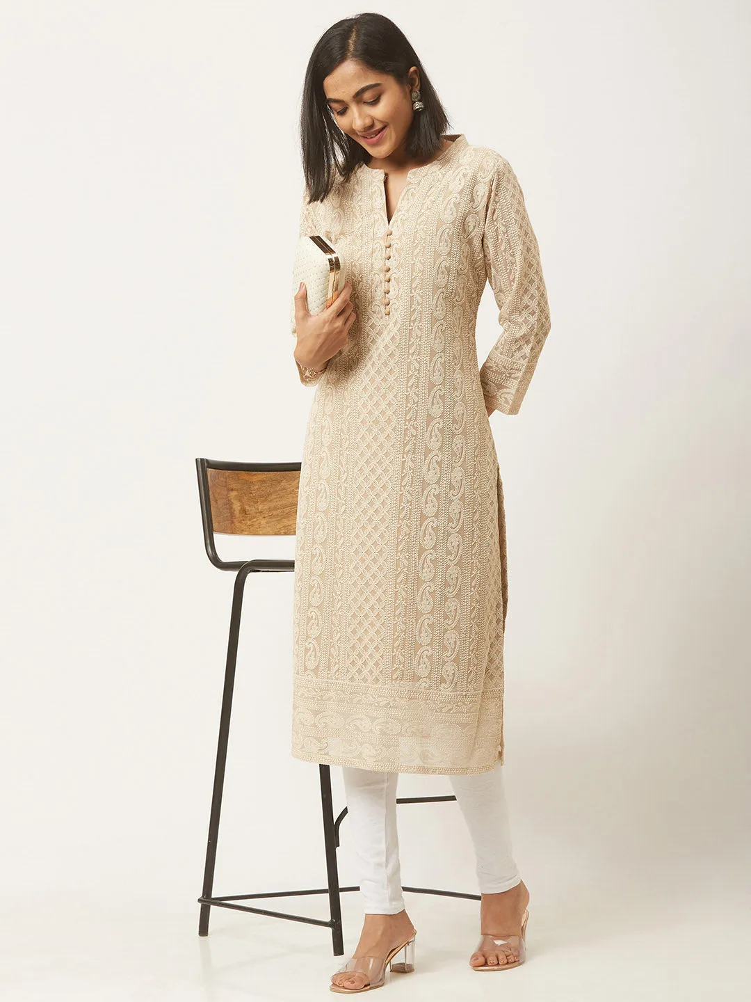 Beige Paisley Embroidered Georgette Lucknowi Chikankari Kurta For Women - ZOLA