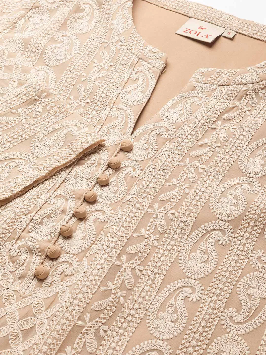 Beige Paisley Embroidered Georgette Lucknowi Chikankari Kurta For Women - ZOLA