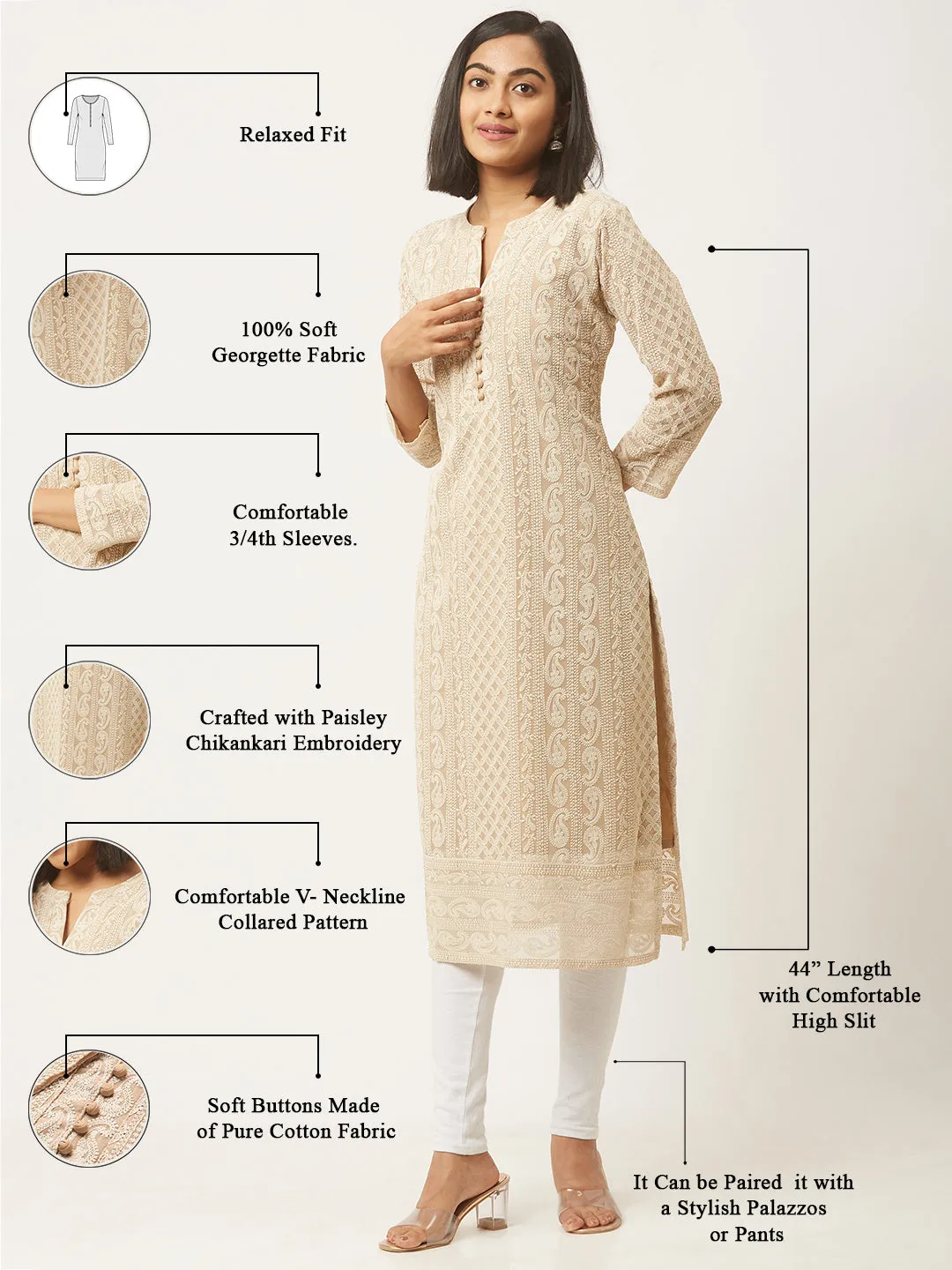 Beige Paisley Embroidered Georgette Lucknowi Chikankari Kurta For Women - ZOLA