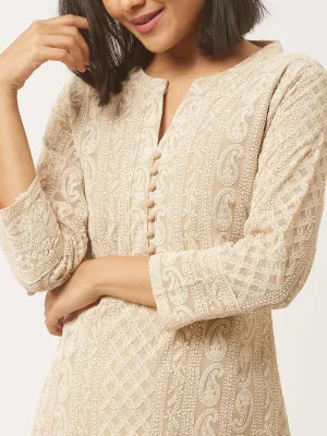 Beige Paisley Embroidered Georgette Lucknowi Chikankari Kurta For Women - ZOLA