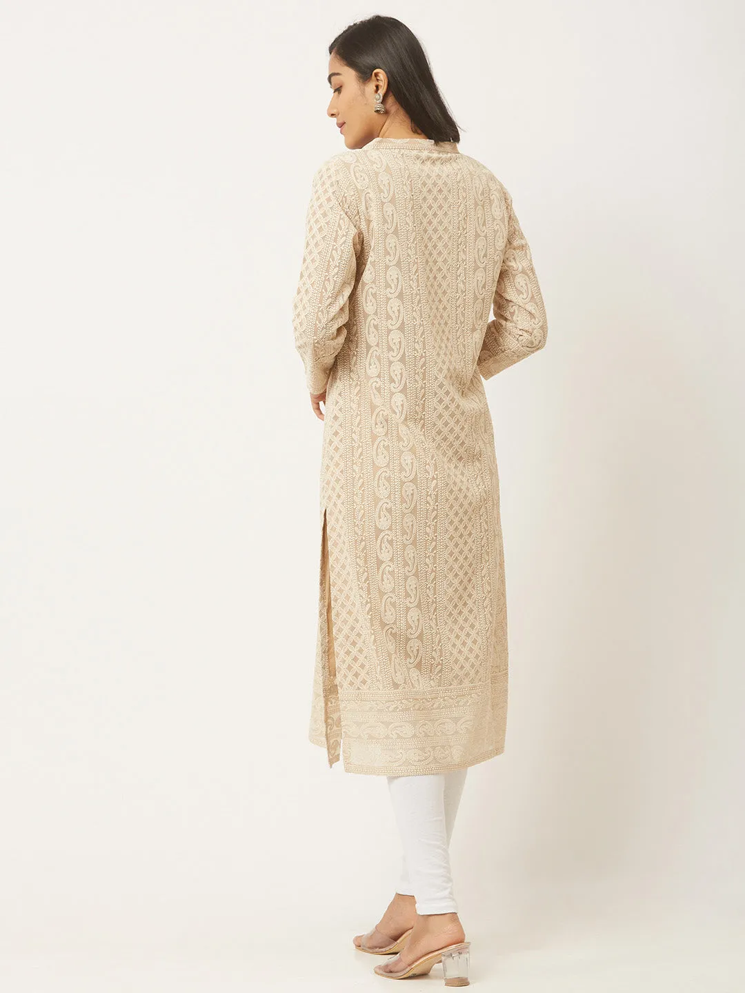 Beige Paisley Embroidered Georgette Lucknowi Chikankari Kurta For Women - ZOLA