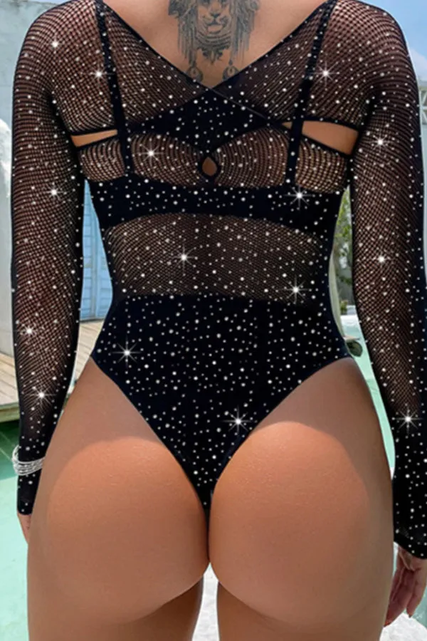 Black Fishnet Rhinestone Teddy