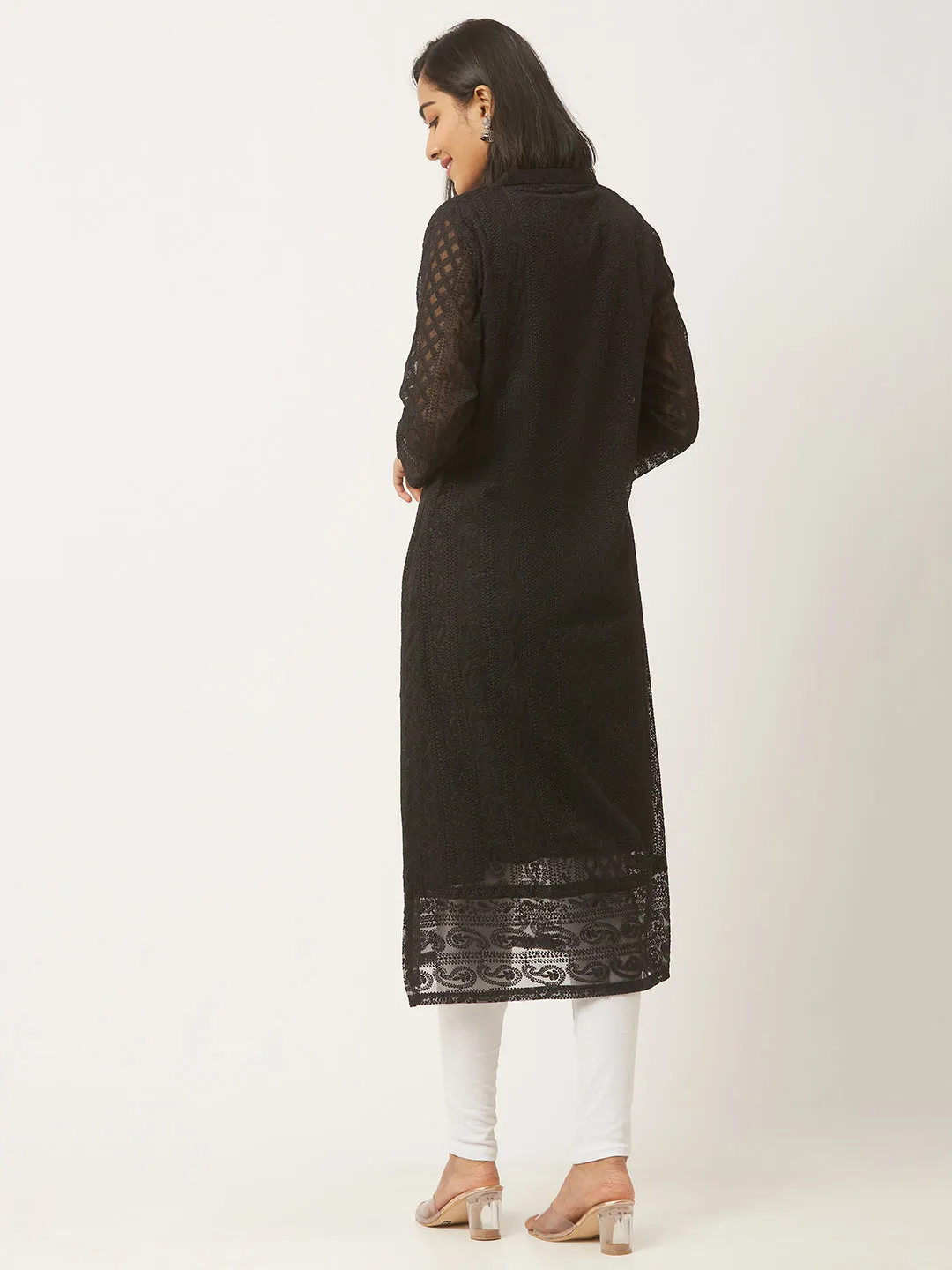 Black Georgette Lucknowi Kurti - Paisley Embroidered Chikankari Kurta For Women - ZOLA
