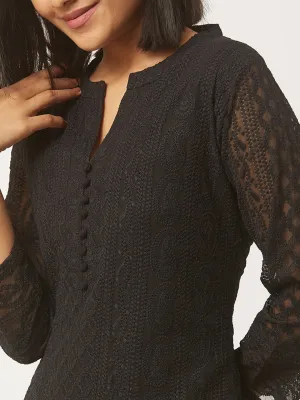 Black Georgette Lucknowi Kurti - Paisley Embroidered Chikankari Kurta For Women - ZOLA