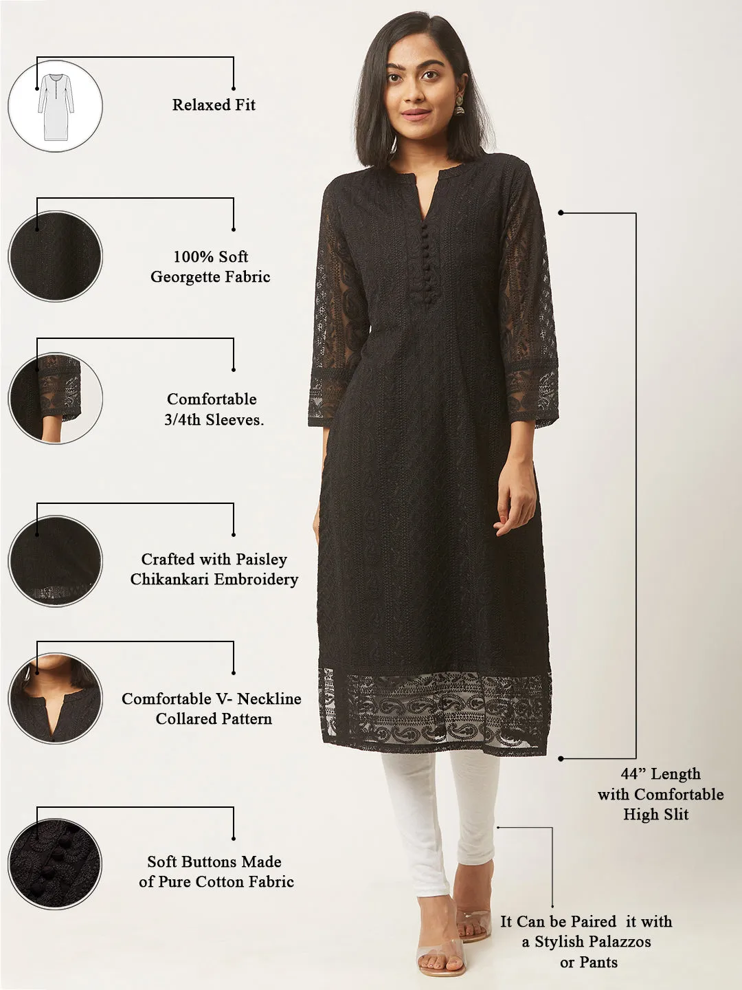 Black Georgette Lucknowi Kurti - Paisley Embroidered Chikankari Kurta For Women - ZOLA