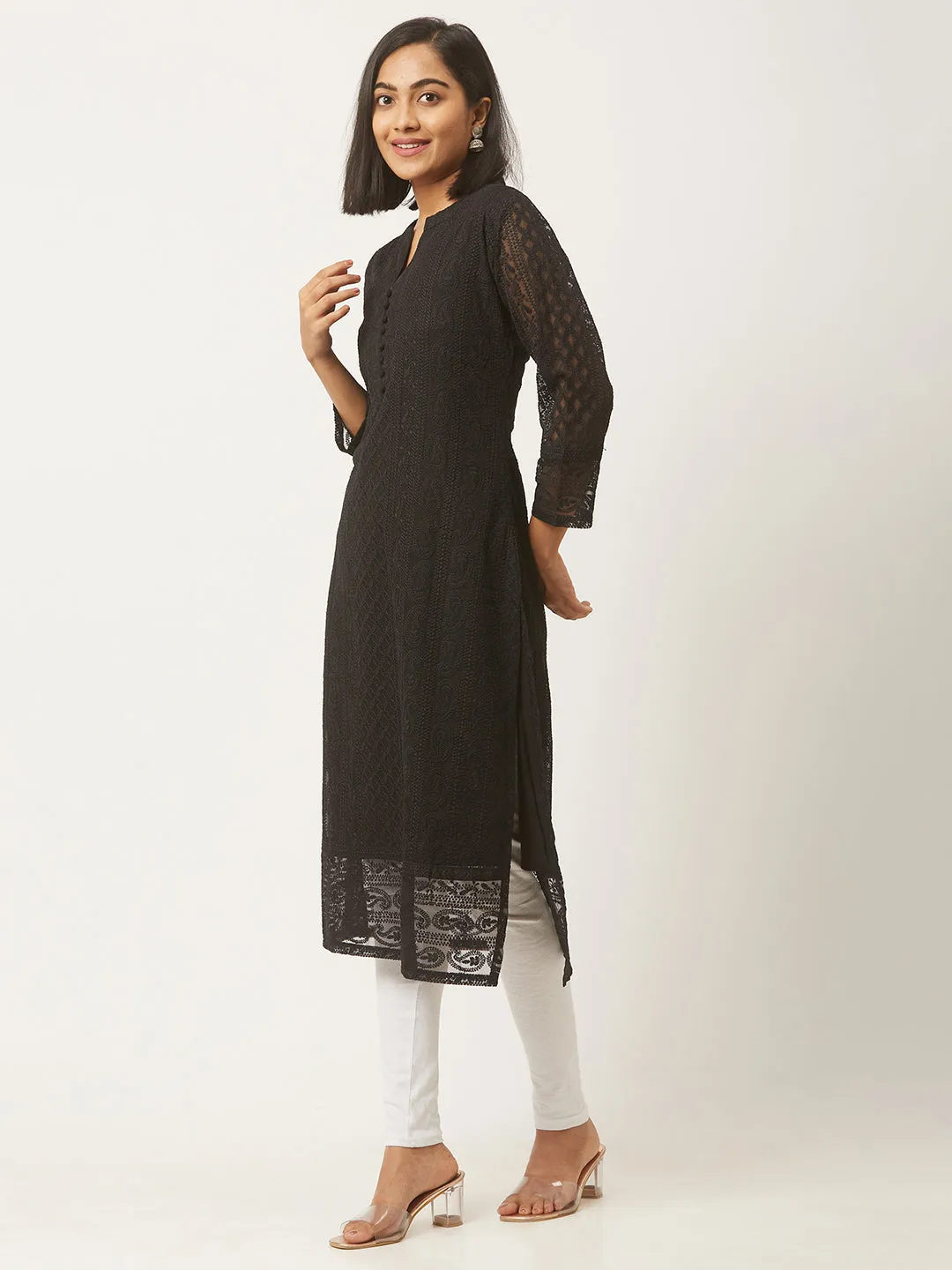 Black Georgette Lucknowi Kurti - Paisley Embroidered Chikankari Kurta For Women - ZOLA