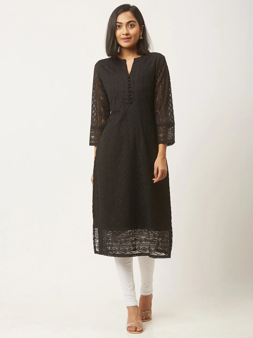 Black Georgette Lucknowi Kurti - Paisley Embroidered Chikankari Kurta For Women - ZOLA