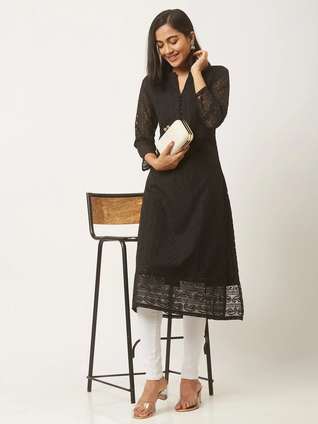 Black Georgette Lucknowi Kurti - Paisley Embroidered Chikankari Kurta For Women - ZOLA