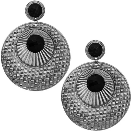 Black Large Beaded Thin Disc Earrings