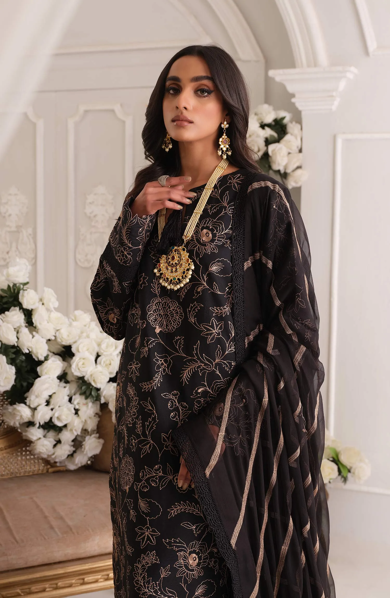 Black Lawn Pakistani Salwar Kameez Trouser and Dupatta