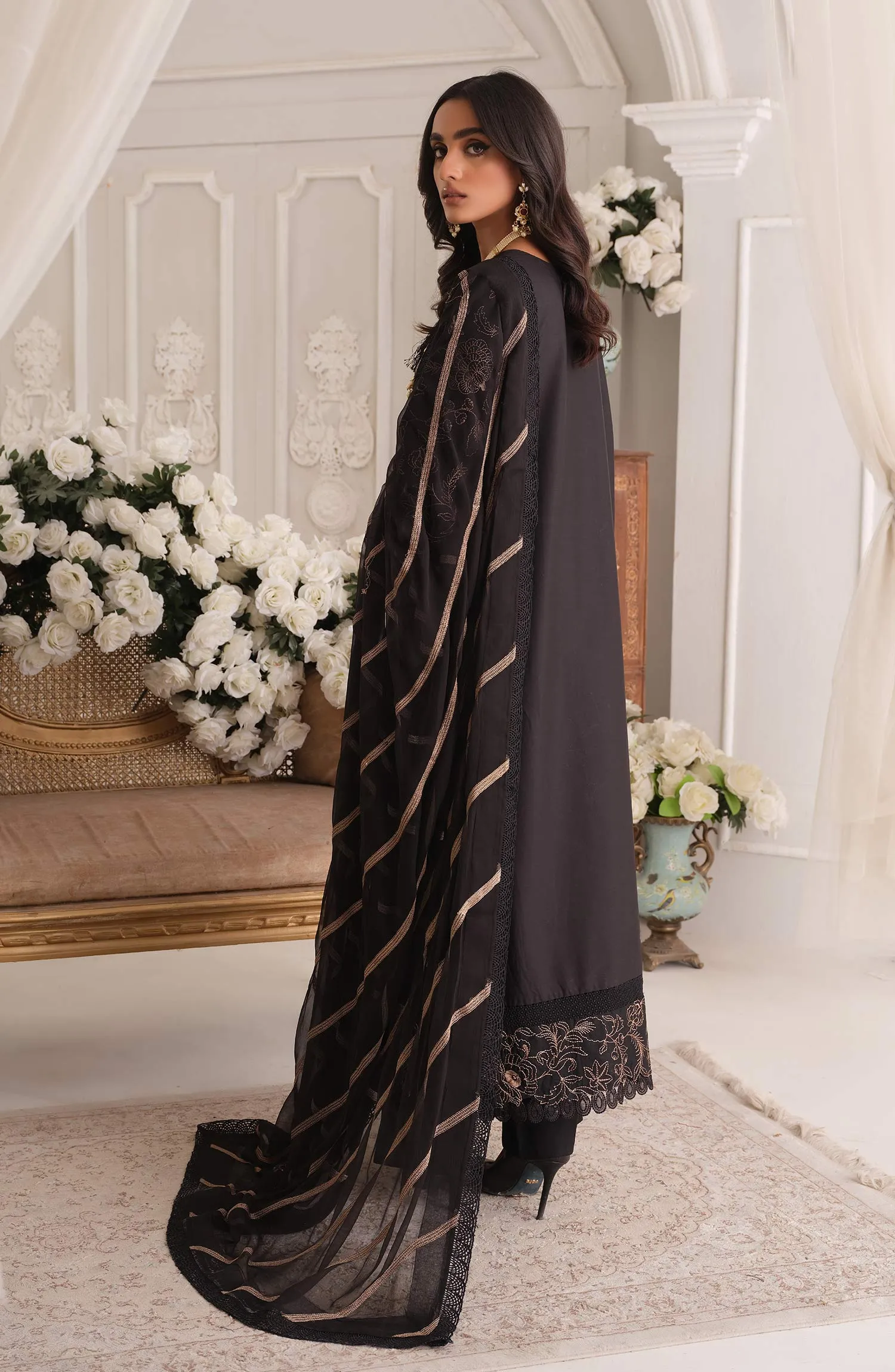 Black Lawn Pakistani Salwar Kameez Trouser and Dupatta