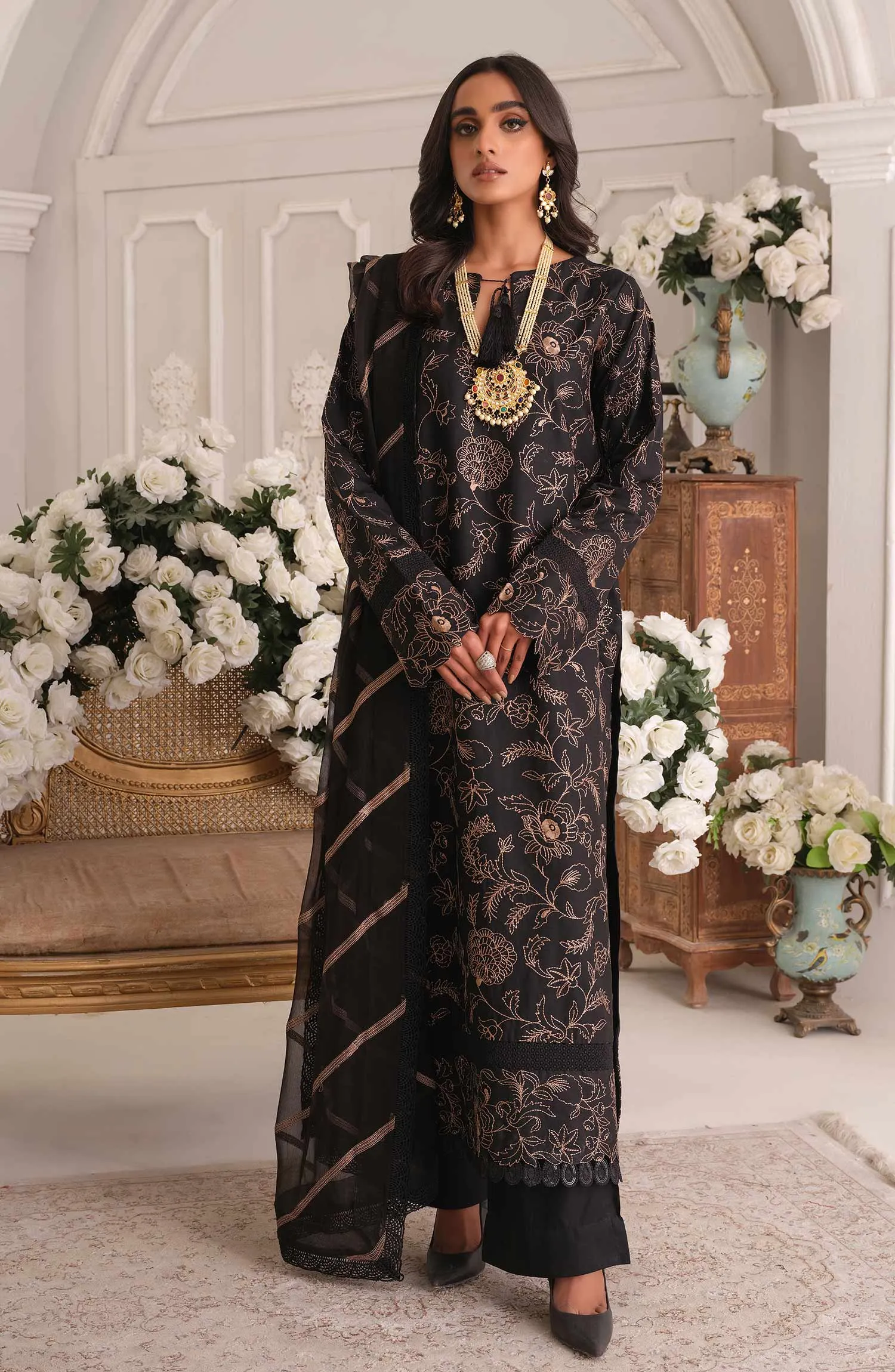 Black Lawn Pakistani Salwar Kameez Trouser and Dupatta