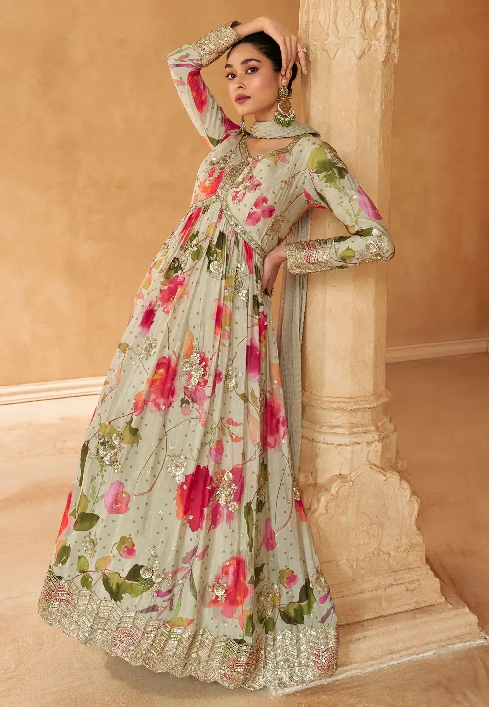 Blooming Grace Cream Embroidered Anarkali Gown