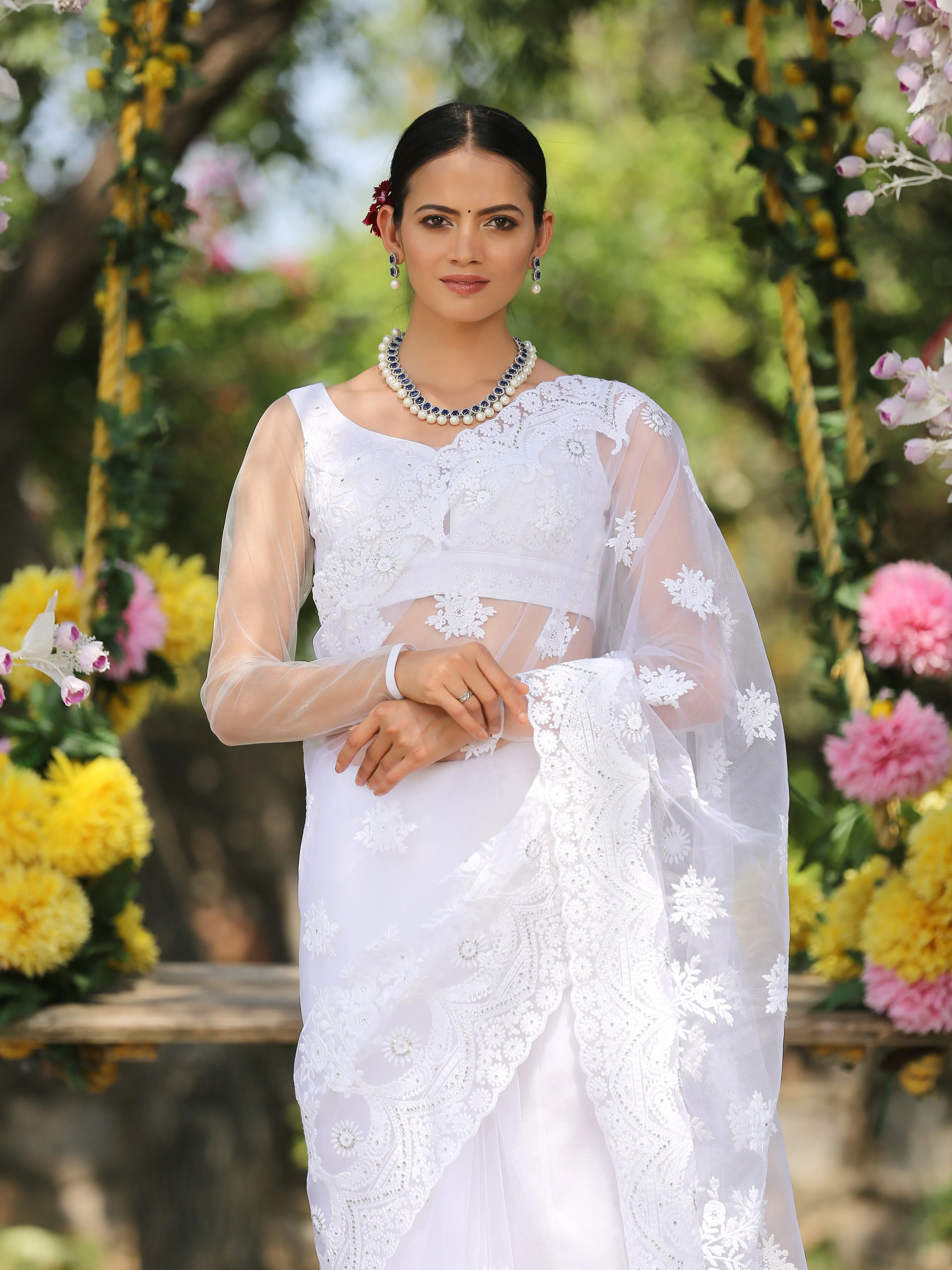 Blouse - Angel White Embroidered NET Long Sleeve