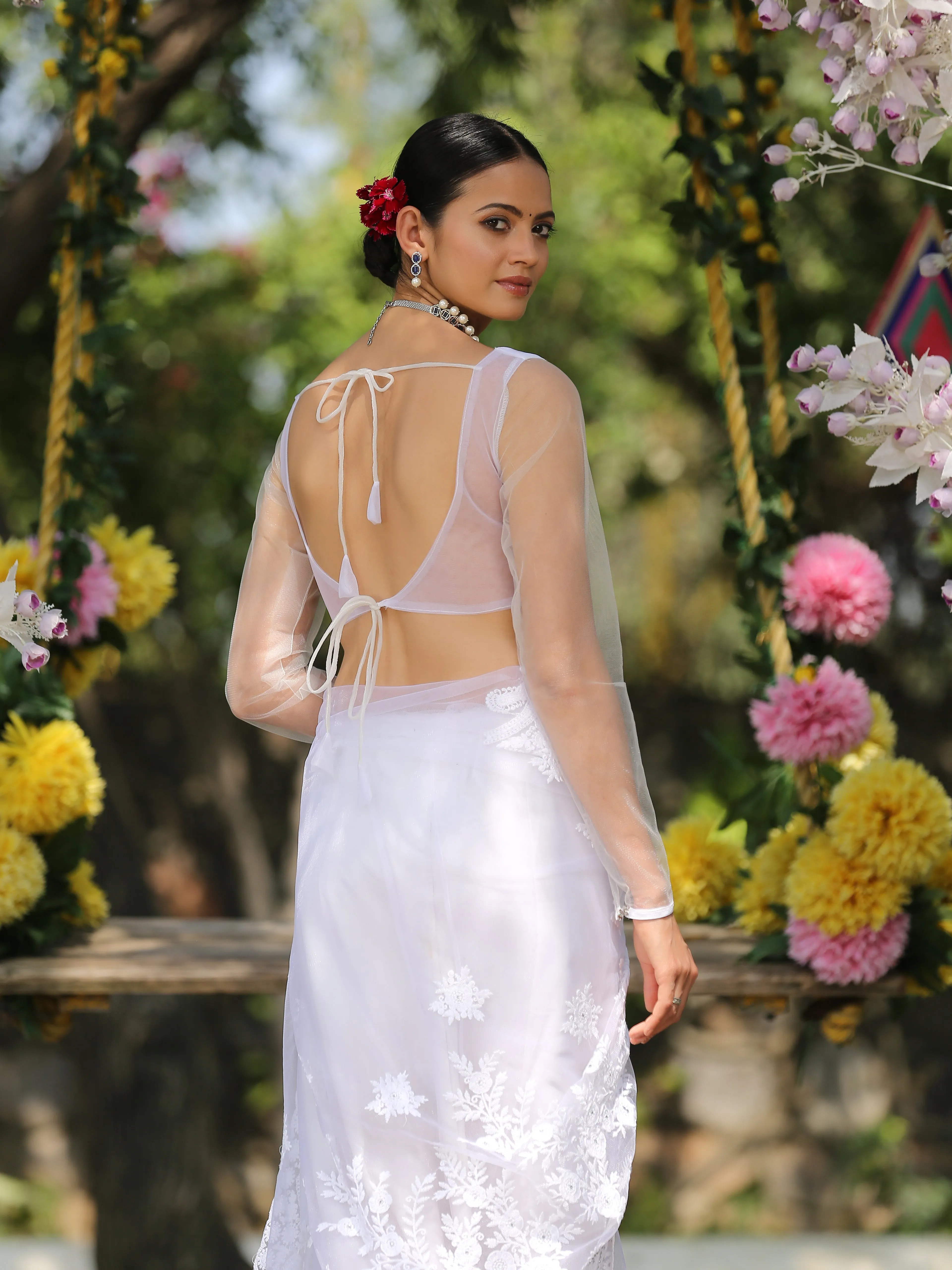 Blouse - Angel White Embroidered NET Long Sleeve