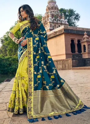 Blue and Light Green Embroidered Bollywood Style Saree
