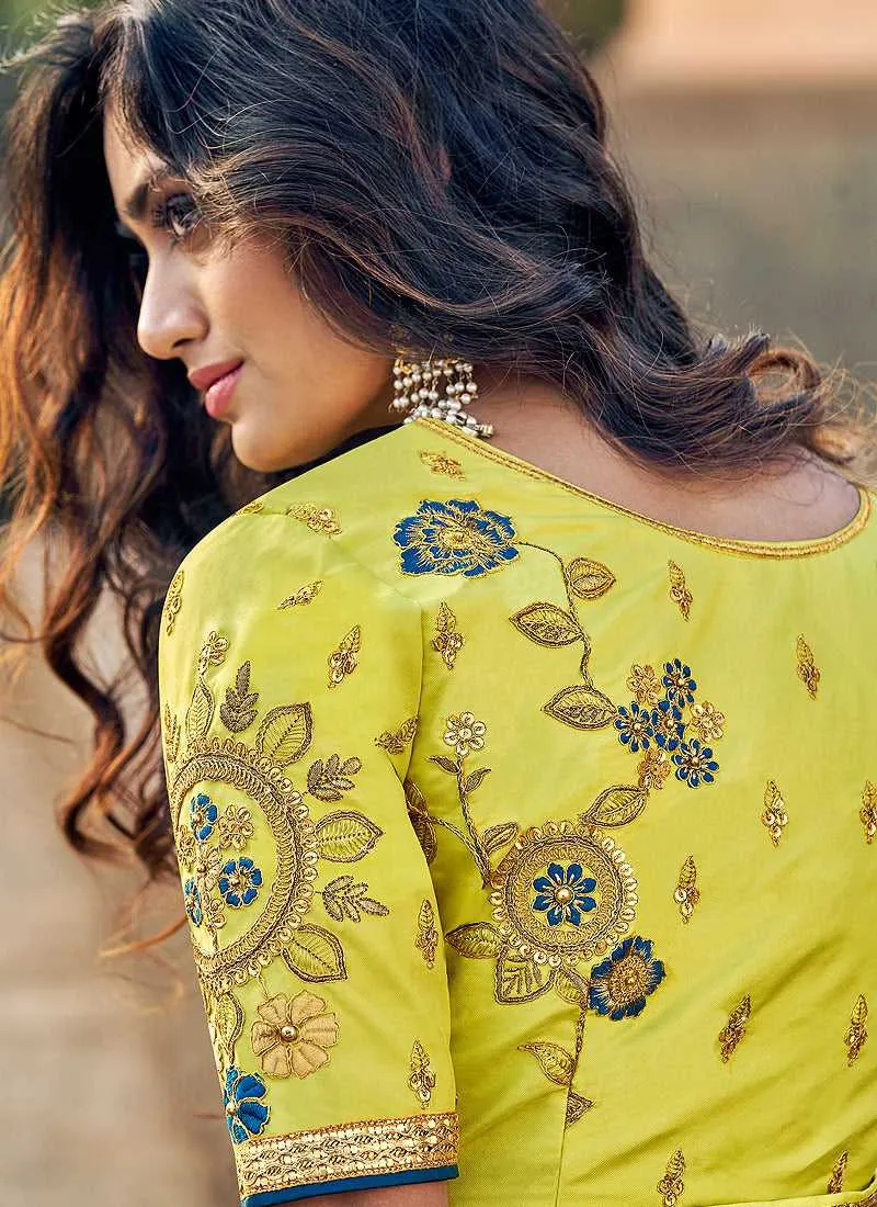 Blue and Light Green Embroidered Bollywood Style Saree