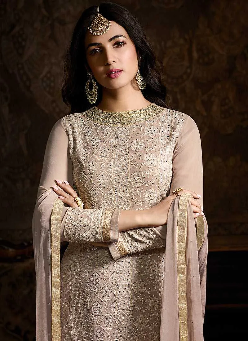 Blush Nude Embroidered Lehenga Style Sharara Suit