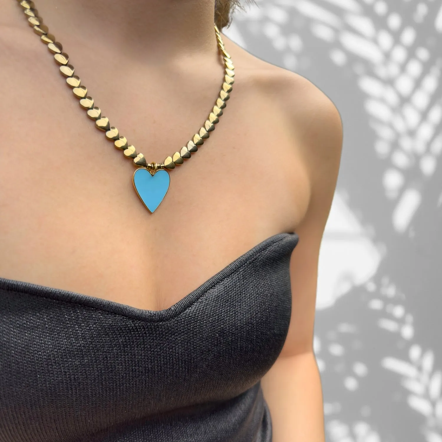 Calmness Blue Heart Pendant Gold Heart Beaded Necklace