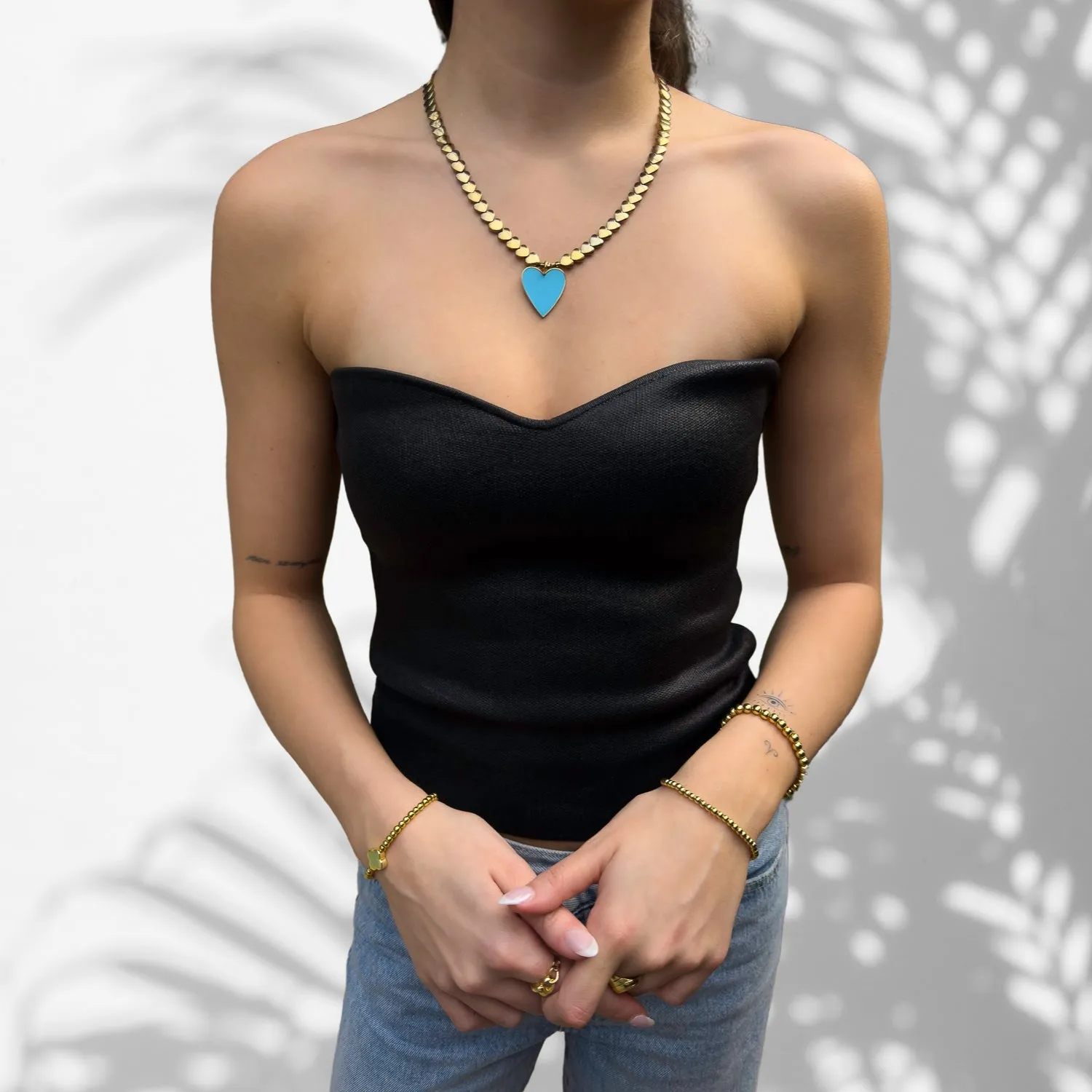 Calmness Blue Heart Pendant Gold Heart Beaded Necklace