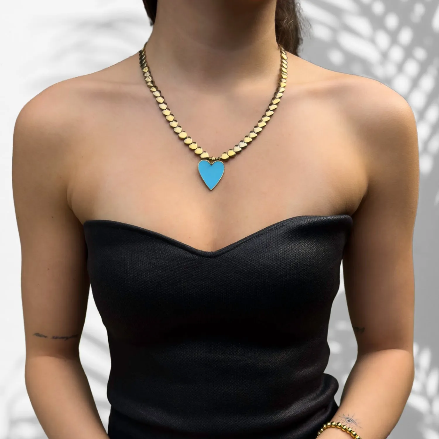 Calmness Blue Heart Pendant Gold Heart Beaded Necklace