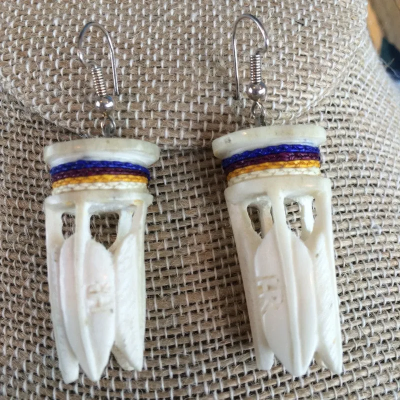 Carved Antler Feather Column Earrings Quilled Authentic Museum Quality