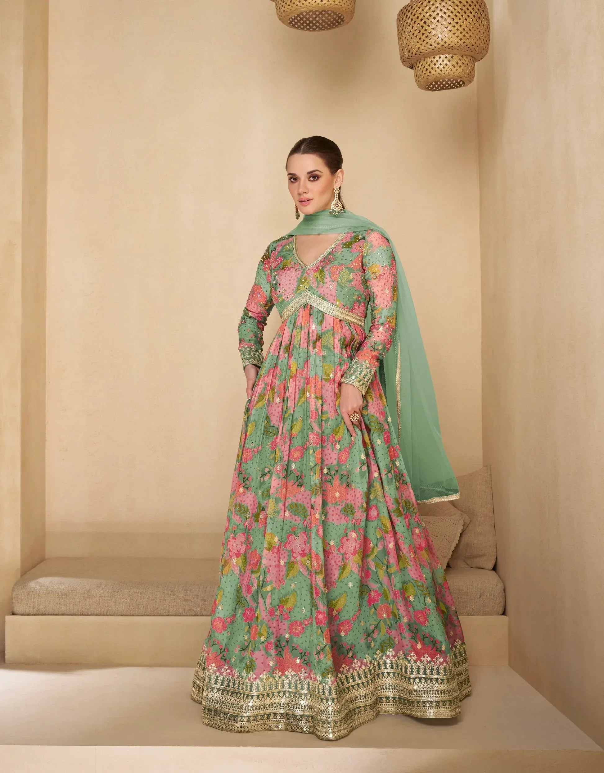 Charming Multicolor Green Floral Embroidered Anarkali