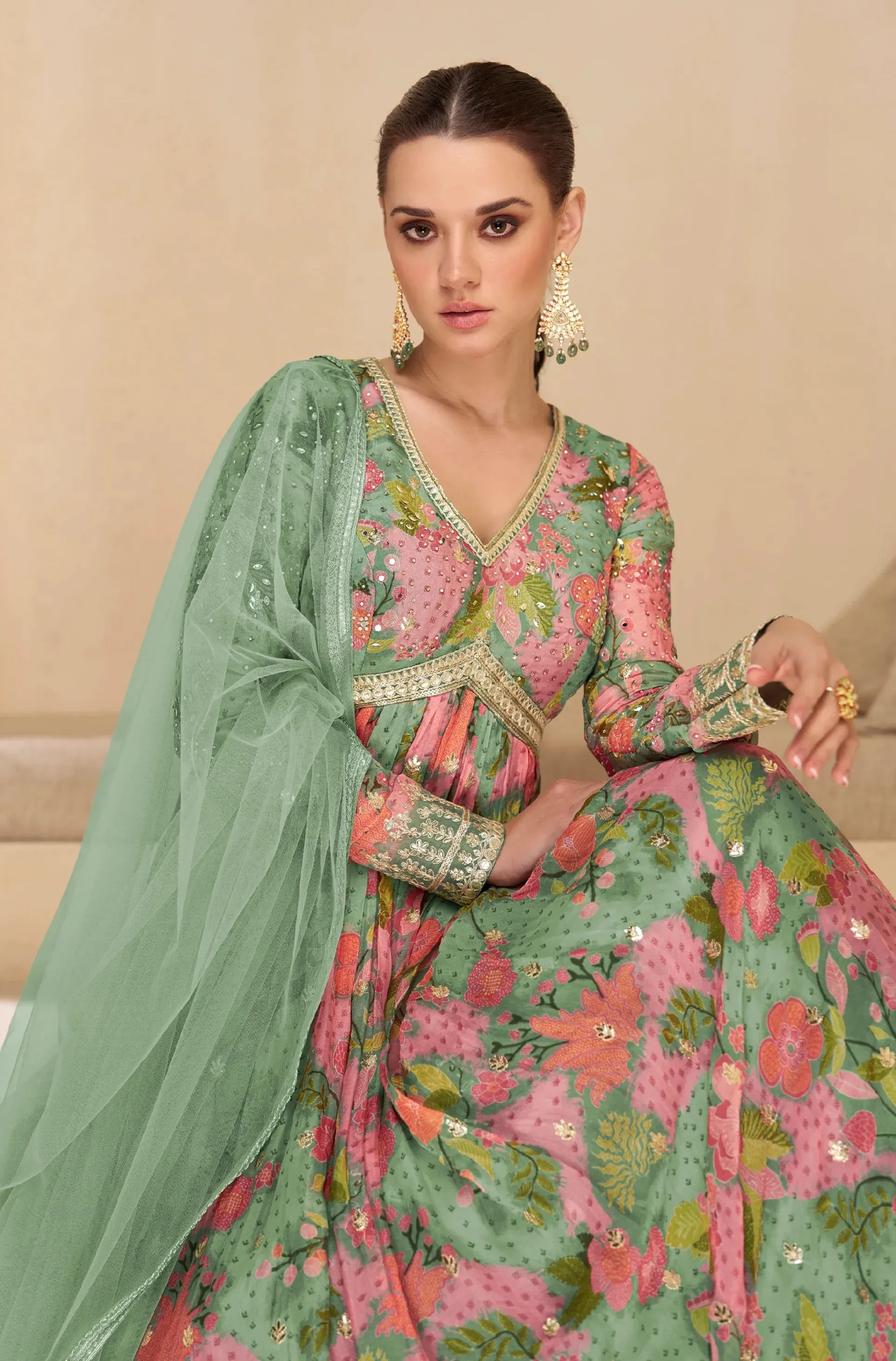 Charming Multicolor Green Floral Embroidered Anarkali