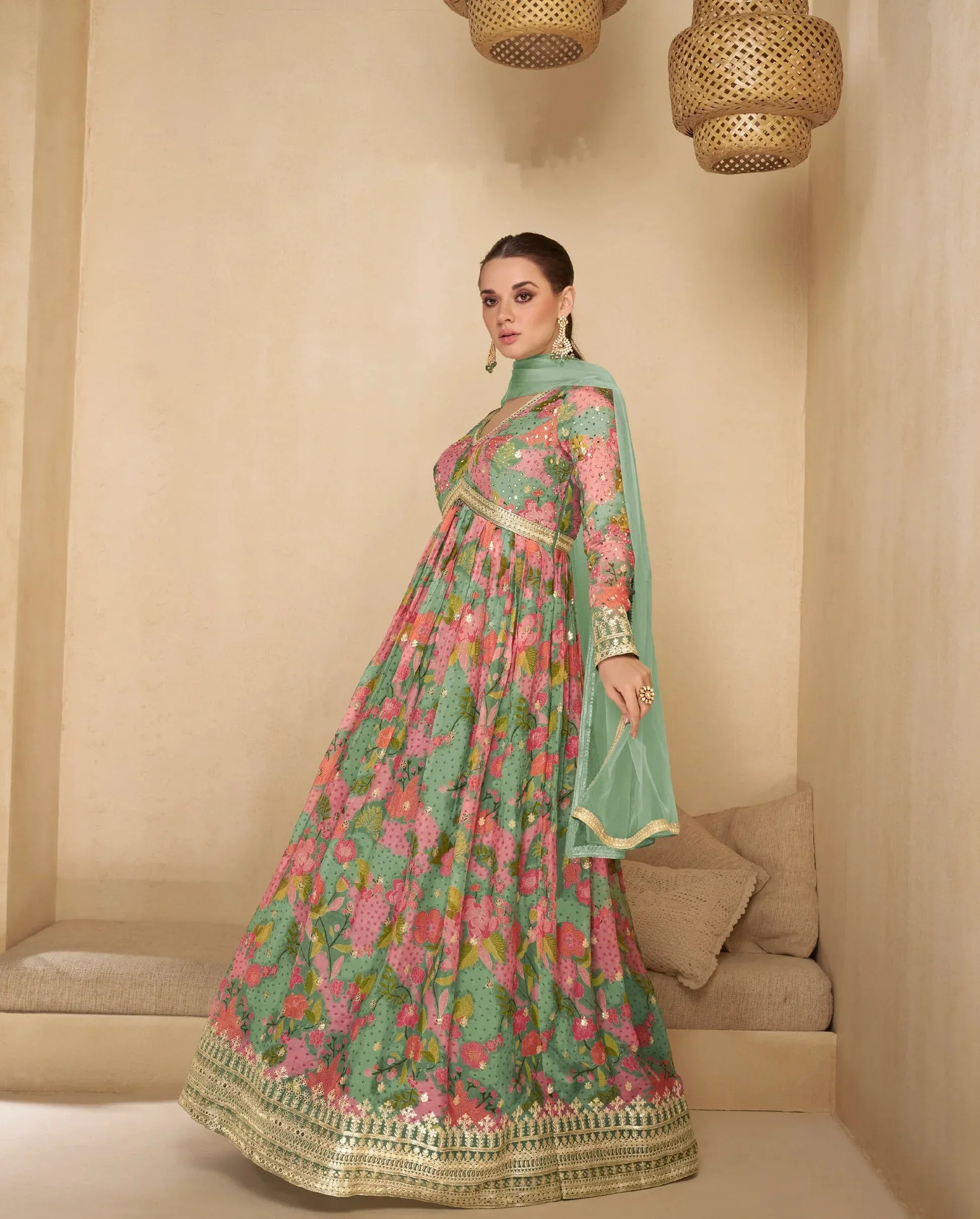 Charming Multicolor Green Floral Embroidered Anarkali