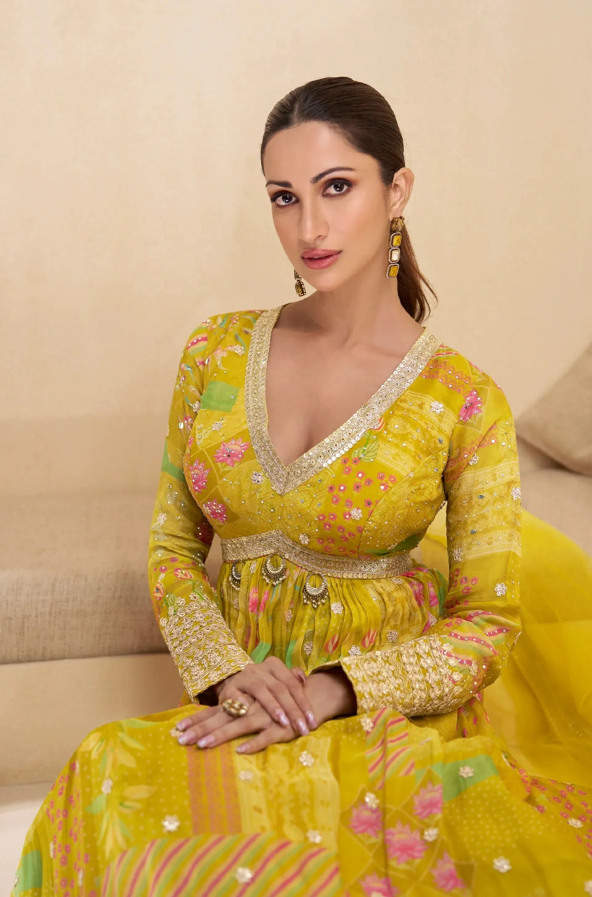 Charming Multicolor Yellow Floral Embroidered Anarkali